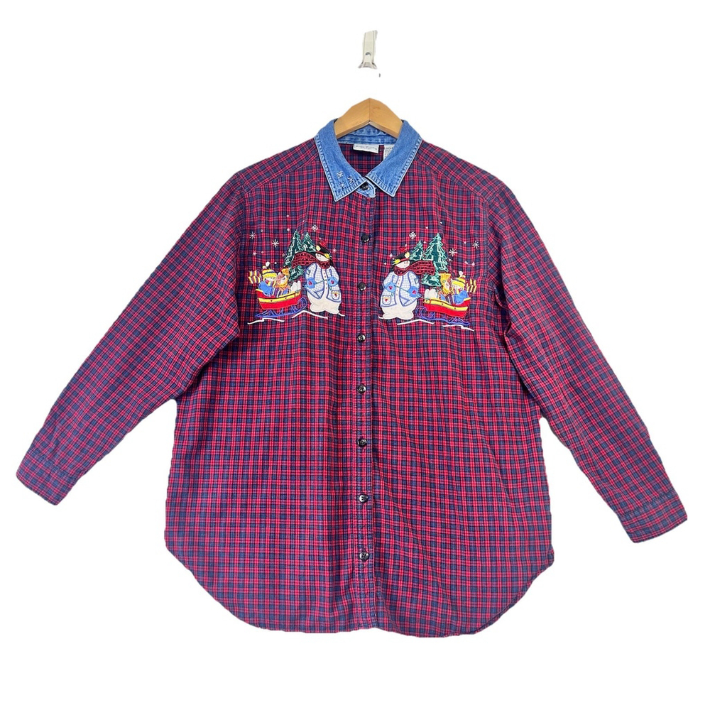 Vintage BOBBIE BROOKS Shirt Red Plaid Snow Man Sledding 14/16W Button Up 90s